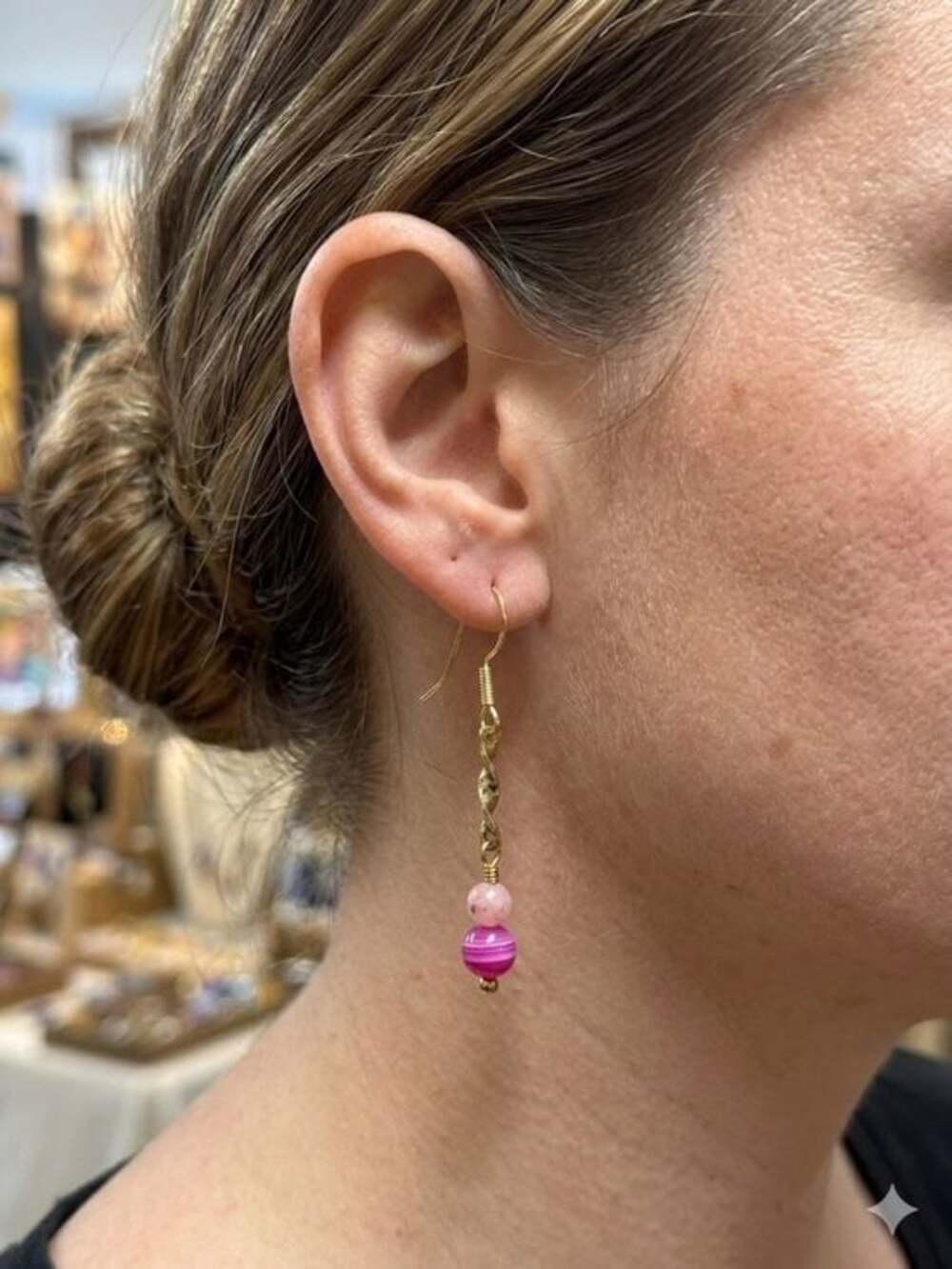Artisan Pink Mother of Pearl Hand Wrapped 18K Gold Twist Drop Earrings